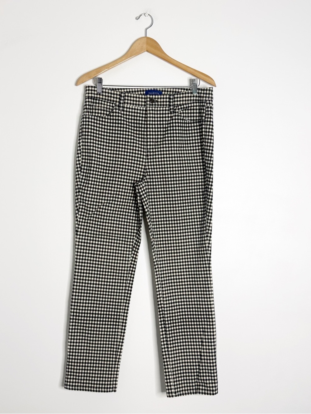 Talbots High Waist Straight Leg Corduroy Pants Size 10P Black White Check